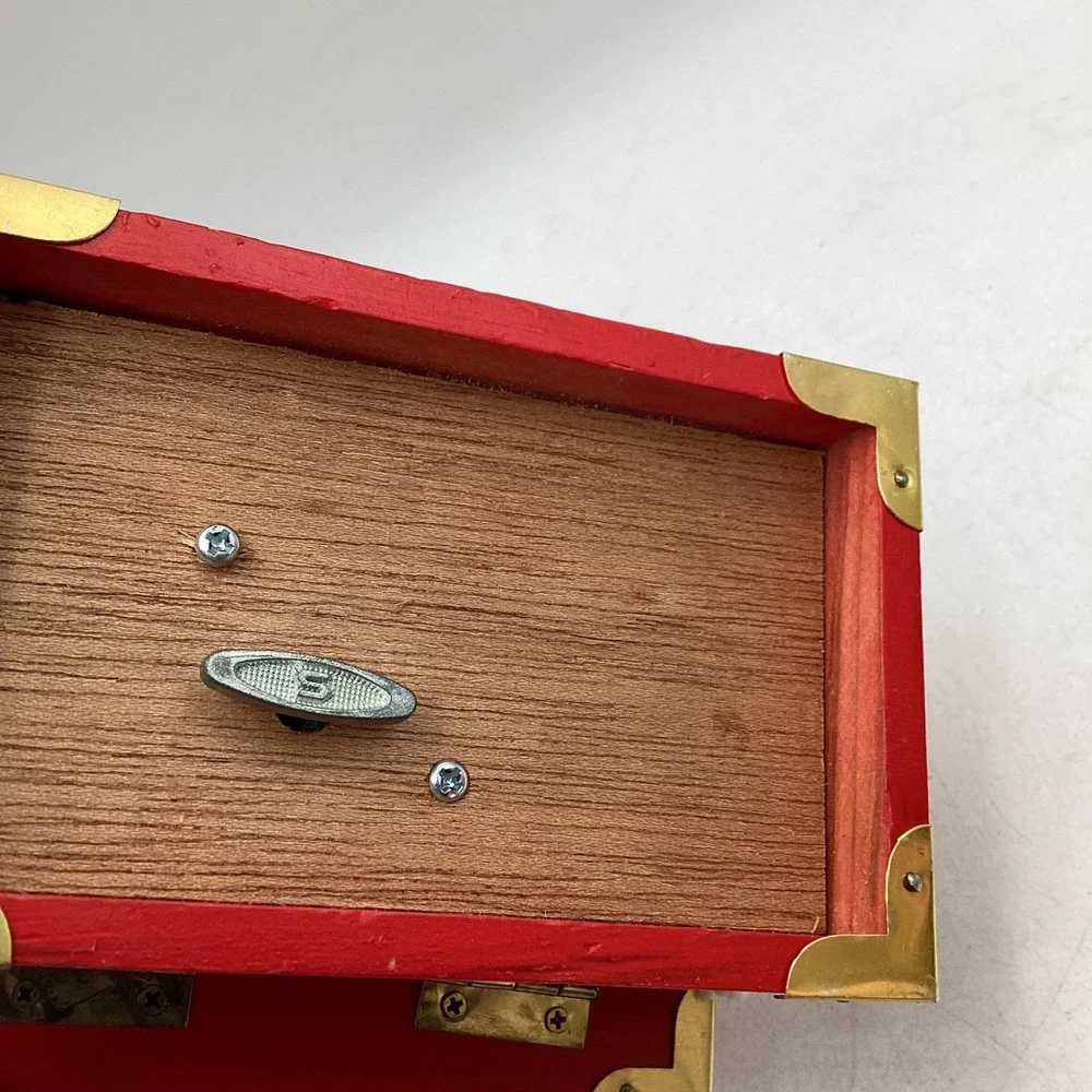 Vintage Christmas Toy Shop Musical Jewelry Box Red Wood Trunk Rocking Horse